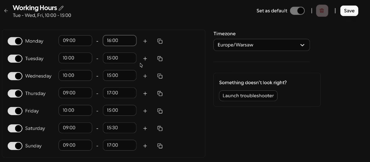 Harmonogram Working Hours w Cal.com: przełączniki przy dniach tygodnia, godziny od-do, przełącznik Set as default i przycisk Save