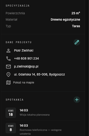 Panel klienta: specyfikacja z formularza (powierzchnia, materiał, typ), kontakt, adres i spotkania