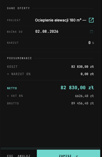 Podsumowanie oferty: koszt, narzut, netto, VAT i brutto przeliczane na żywo