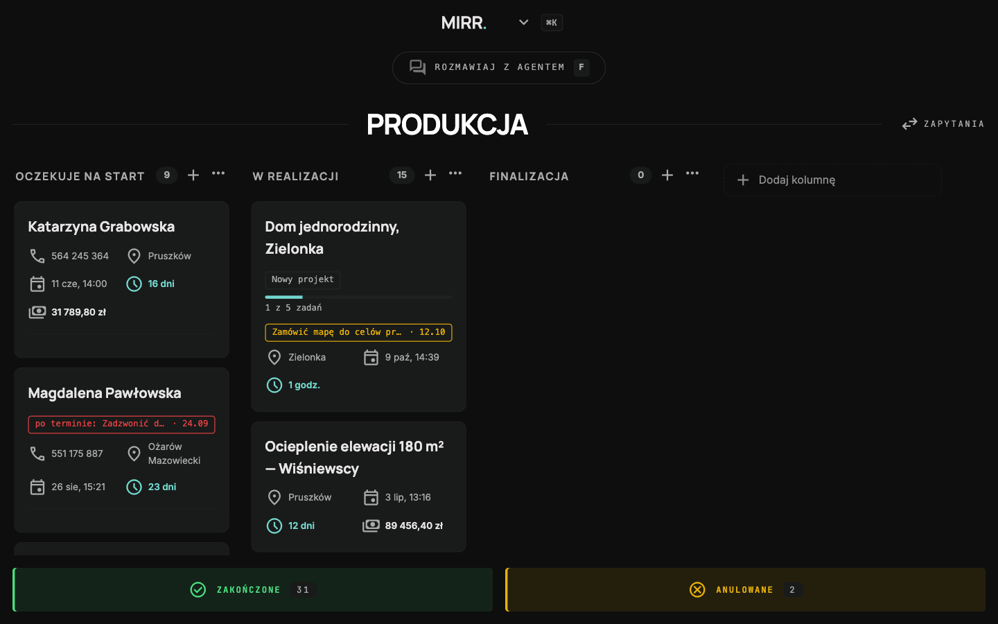 Tablica Produkcja: karta Dom jednorodzinny, Zielonka z usługą Nowy projekt, paskiem 1 z 5 zadań i żółtą etykietą najbliższego terminu