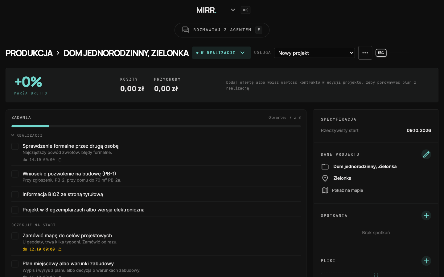 Karta projektu Dom jednorodzinny, Zielonka: usługa Nowy projekt w nagłówku, sekcja Zadania z licznikiem Otwarte 7 z 8, zadaniami z kolumn W realizacji i Oczekuje na start, podpowiedziami i terminami z dzwonkiem