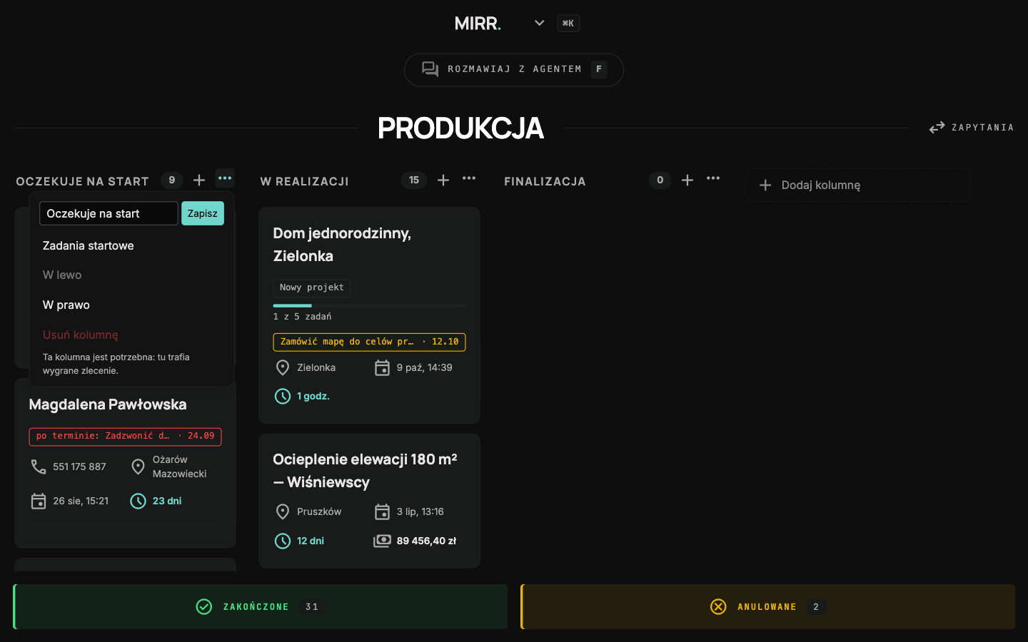 Tablica Produkcja z rozwiniętym menu kolumny Oczekuje na start: zmiana nazwy, Zadania startowe, W lewo, W prawo, Usuń kolumnę