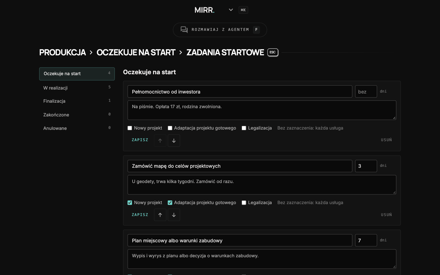 Ekran Zadania startowe kolumny Oczekuje na start: po lewej lista kolumn z liczbą zadań, po prawej zadania z tytułem, podpowiedzią, terminem w dniach i zaznaczonymi usługami