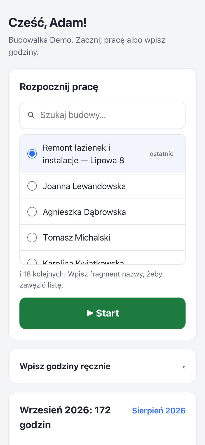 Strona pracownika na telefonie: Cześć, Adam! Karta Rozpocznij pracę z wyszukiwarką budów, zaznaczoną ostatnią budową i zielonym przyciskiem Start